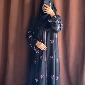 Home elegant pink bow embroidered black abaya.